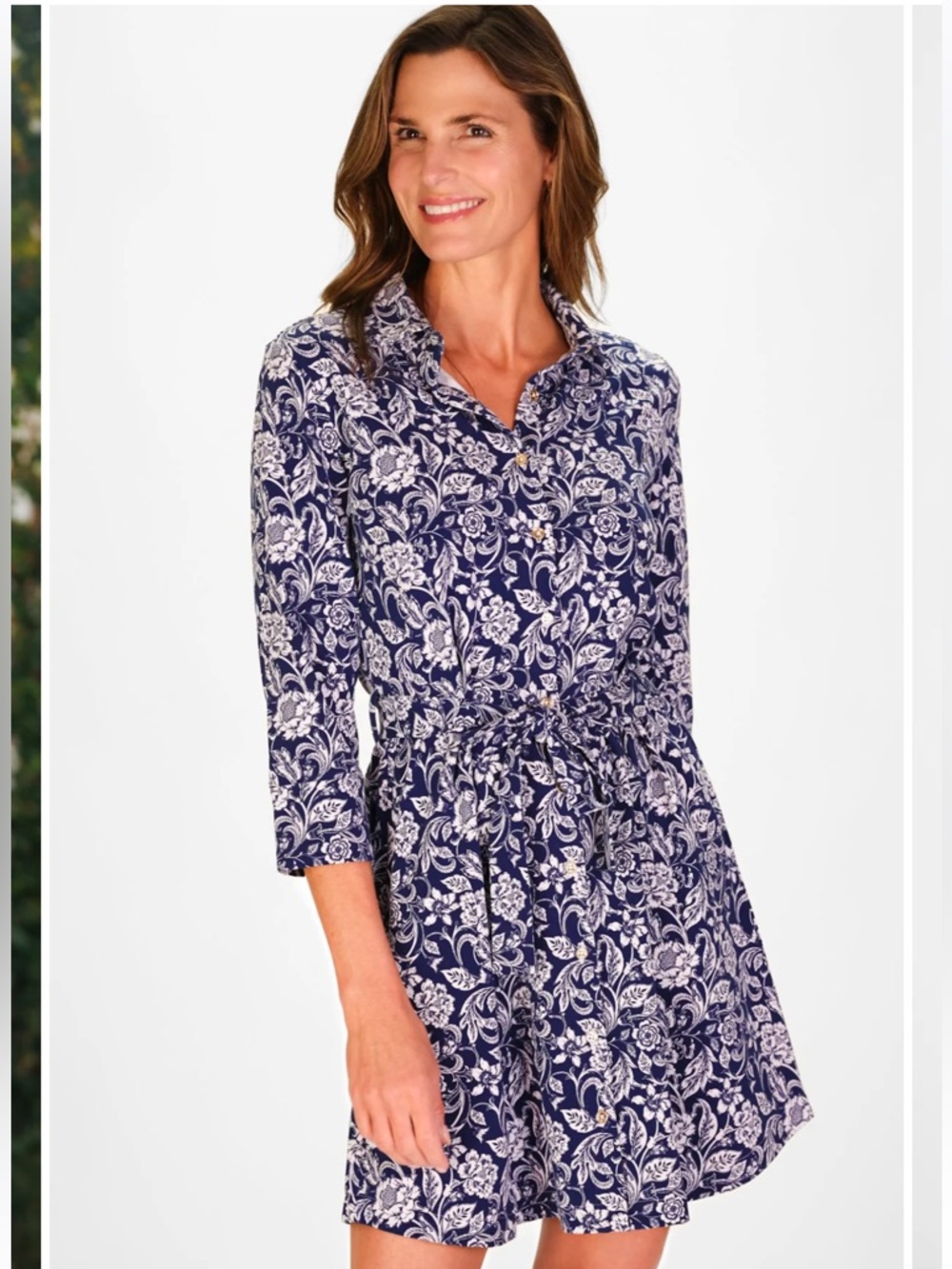 Duffield Lane Camila Dress in Navy Blossoms Gold Tone Buttons Stretch Cotton